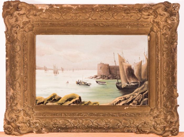 English School 19th Century Oil - Rocky Coastline with Ships