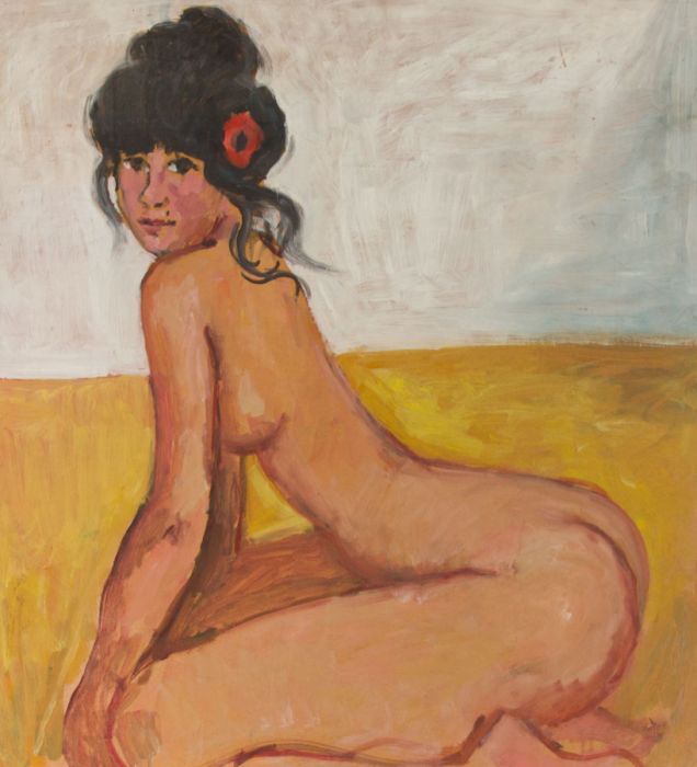 Peter Collins ARCA - c.1970s Oil, Female Nude with Flower in Her Hair