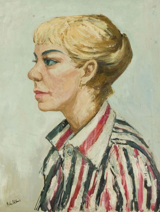Peter Collins ARCA - Signed c.1970s Oil, Portrait of Woman in Striped Shirt