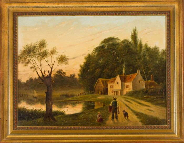 Late 19th Century Oil - Rural River Landscape with Figures and Dog