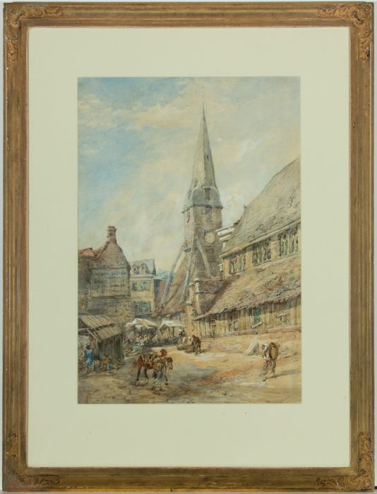 John Burgess (1814-1874) - 1855 Watercolour, Market Scene in Honfleur, Normandy