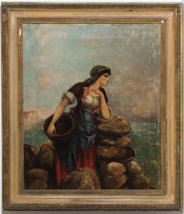 Impressive Gilt Framed 19th Century Oil - Fisherwoman in a Coastal Landscape