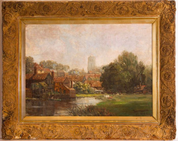 W.E. Fox - Fine Gilt Framed Impressionist Mid 20th Century Oil, Riverside Town