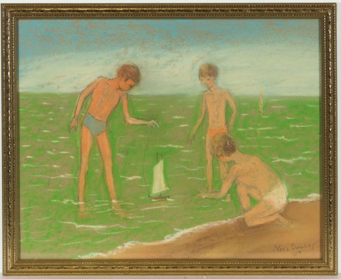Noel Dowling - Signed 2009 Pastel, Children Playing on the Beach