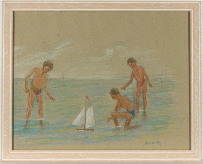 Noel Dowling - Framed Contemporary Pastel, Children Playing on the Beach