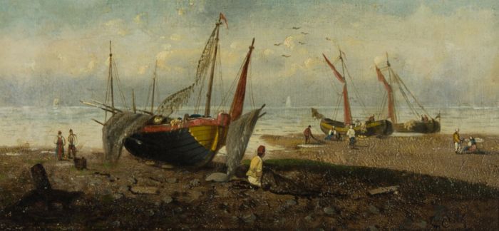 L. Erich - Impressively Framed 19th Century Oil, Ships and Figures on a Beach