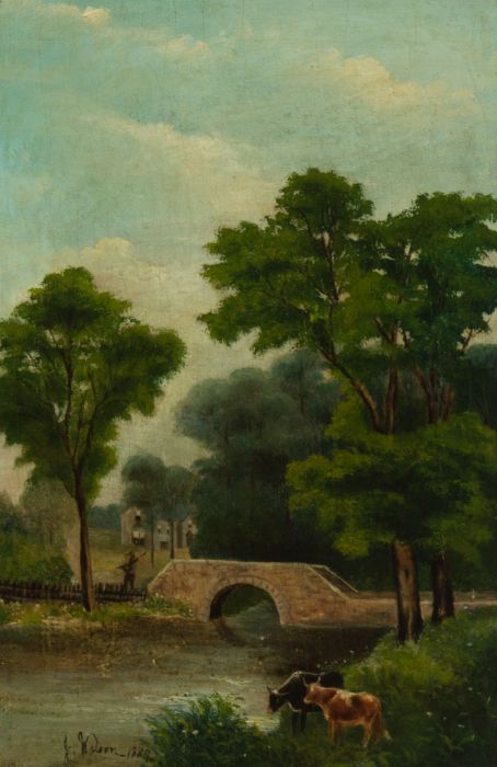 J. Watson - Signed 1889 Oil, Cattle by a Bridge