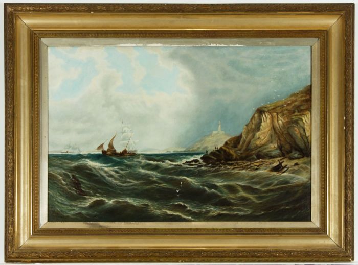 Gilt Framed 19th Century Oil - Choppy Coastal Scene