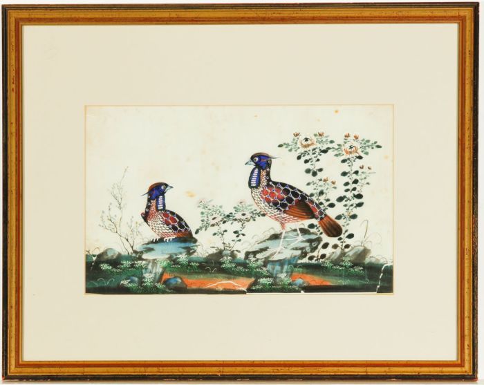 Oriental Gilt Framed 20th Century Gouache - Pair of Birds