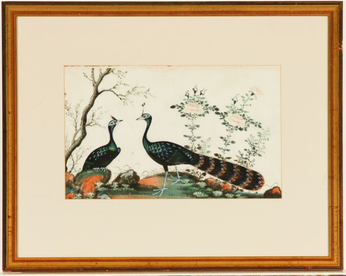 Oriental Gilt Framed 20th Century Gouache - Pair of Peacocks