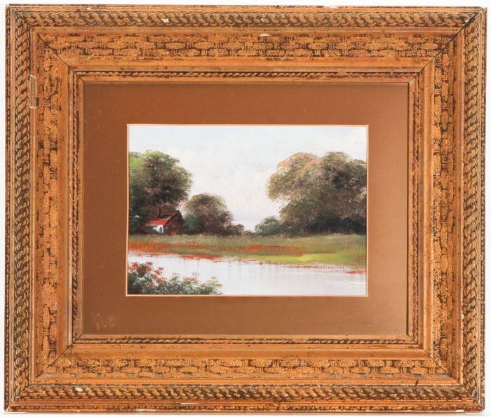 Gilt Framed 19th Century Oil - Landscape with House and River