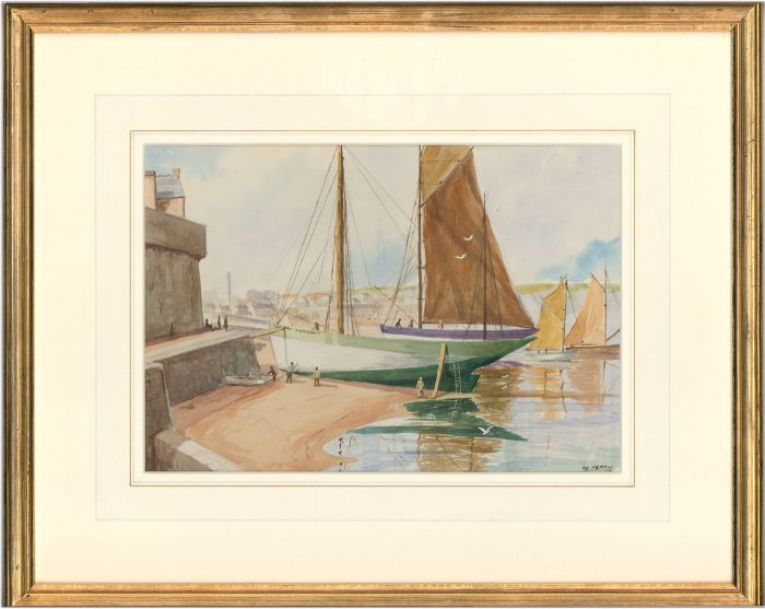 W. Ferris - Framed Contemporary Watercolour, Ships at a Harbourside