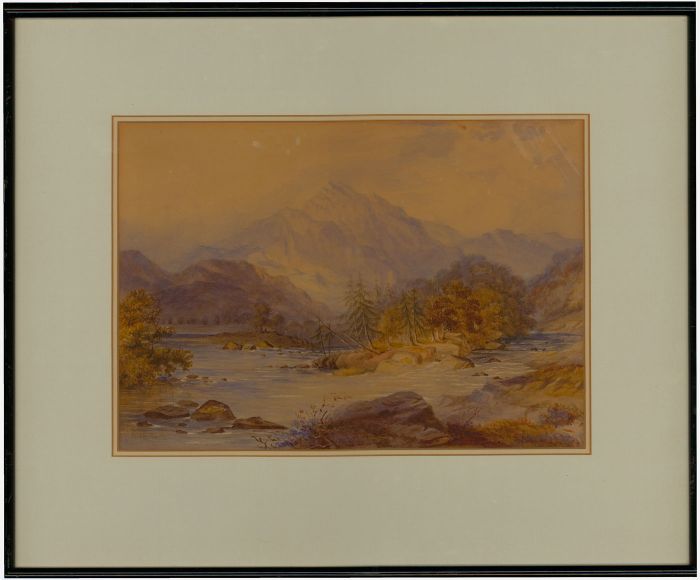 19th Century Watercolour - River and Mountain Landscape