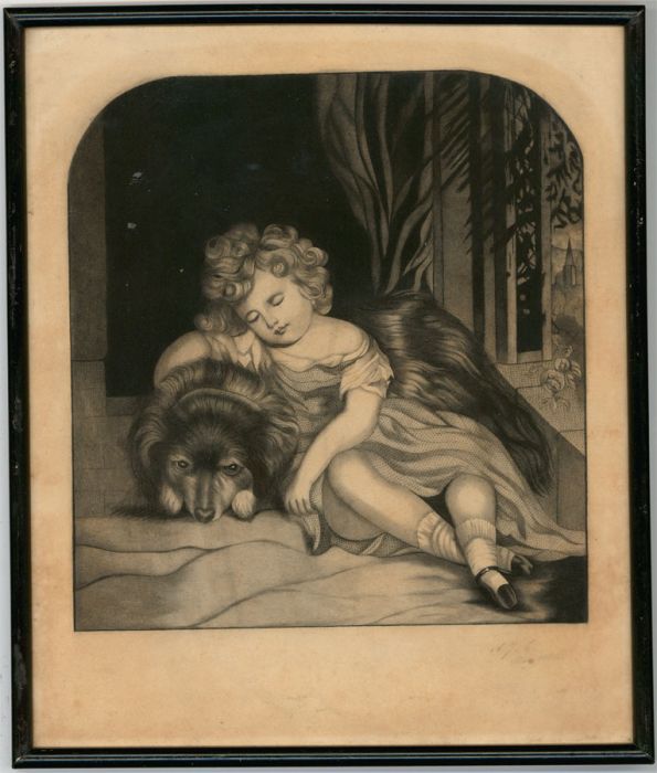 A.J.G. - Very Fine 1833 Charcoal Drawing, Girl and Her Dog