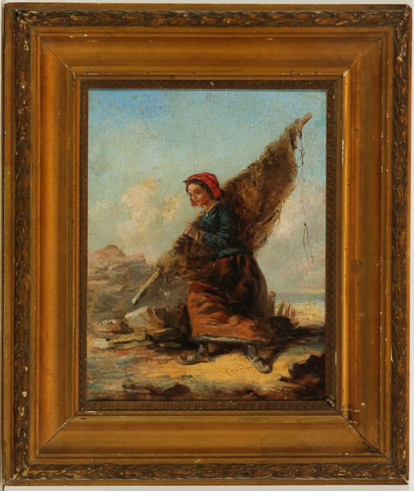 Charming Gilt Framed 19th Century Oil - Fishergirl in Coastal Landscape
