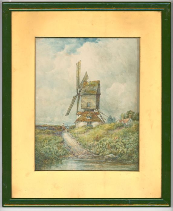 English School 19th Century Watercolour - Windmill and Figures in a Landscape