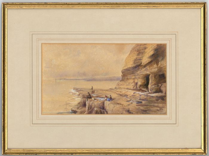 Gilt Framed 19th Century Watercolour - Figures Fishing in a Coastal Landscape