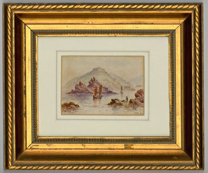 H.J.W. - Gilt Framed 1886 Watercolour, Coastal Scene