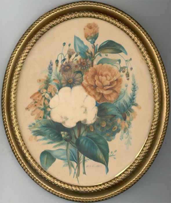 H.E.W - Oval Framed 1863 Watercolour, Floral Still Life