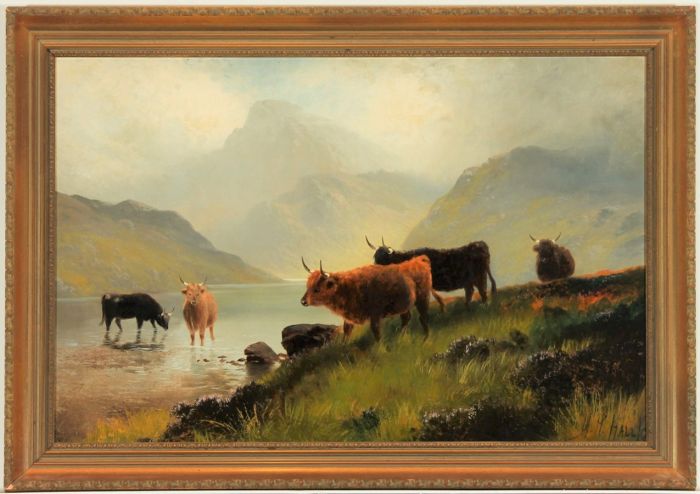 Henry Robinson Hall NBA (1859-1927) - Signed Oil, Highland Landscape with Cattle