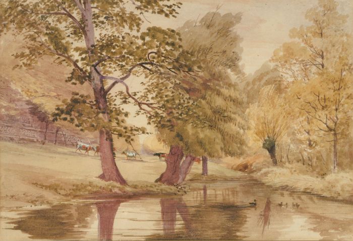 19th Century Watercolour - Grazing Cattle on a Riverside