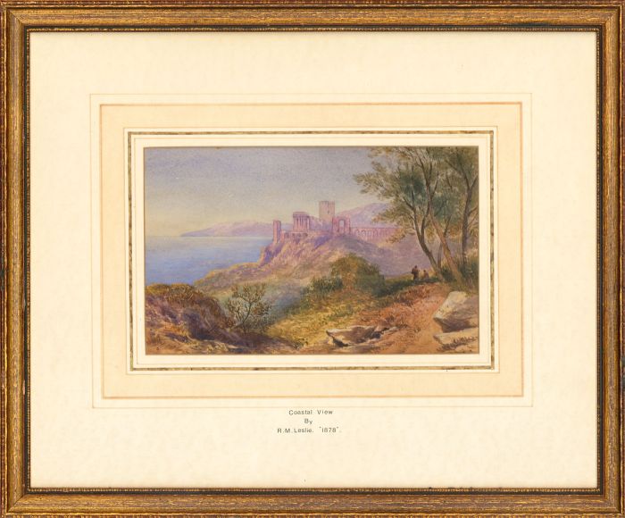 R.M. Leslie - Framed 1878 Watercolour, Coastal View