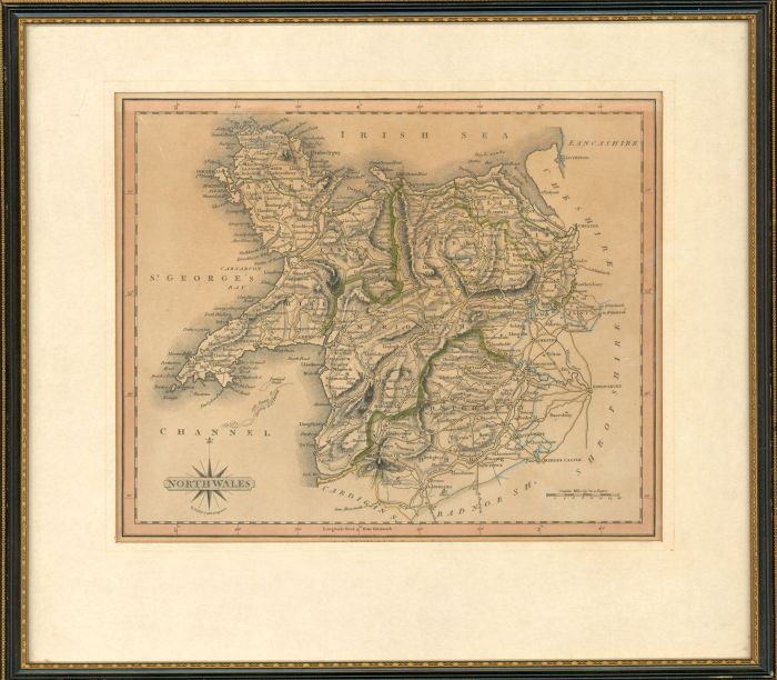 Framed 19th Century Engraving - Map of North Wales