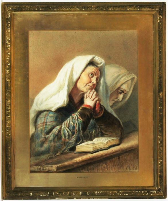 Carl Goebel (1824-1899) - Signed and Framed Watercolour, Nuns at Prayer