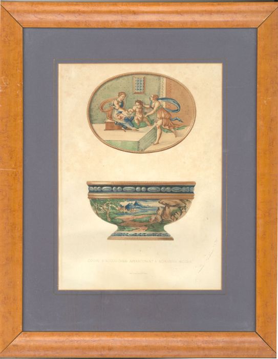 Lemercier & Cie - Pair of 19th Century Lithograph Bookplates, Majolica Bowls