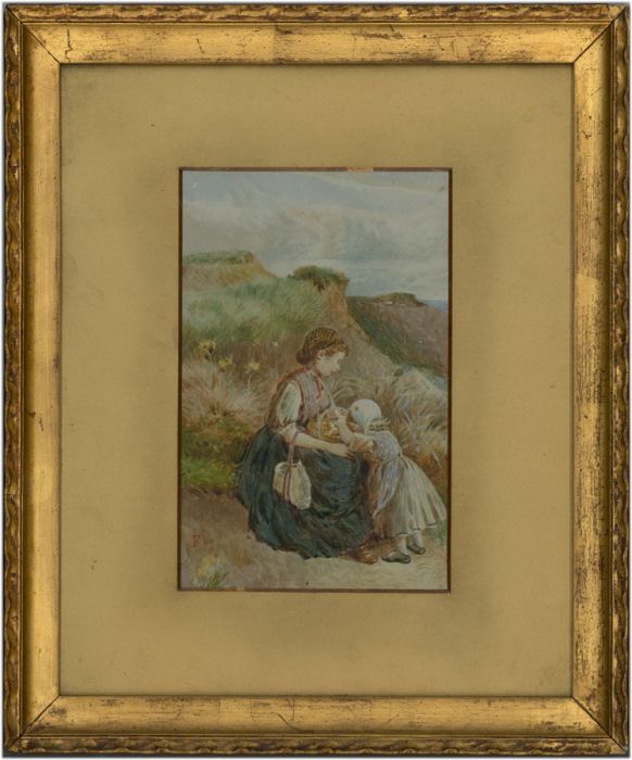 B.F. - 19th Century Watercolour, Mother and Child Resting on a Cliffside
