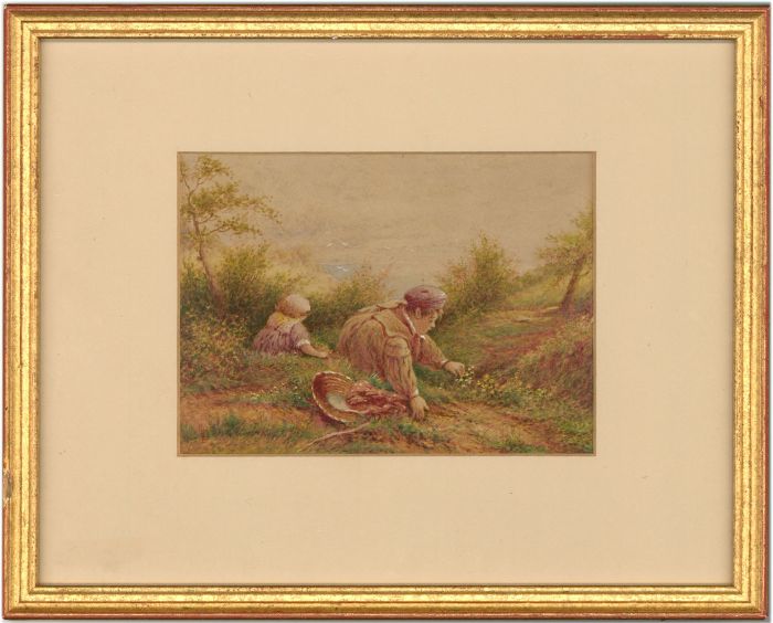 B.F. - 19th Century Watercolour, Children Picking Flowers