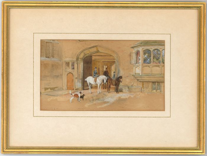 Gilt Framed 19th Century Watercolour - Horses and Riders in a Grand Entryway