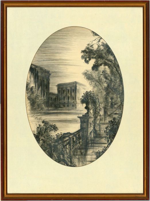 Gilt Framed Early 20th Century Pen and Ink Drawing - City Garden
