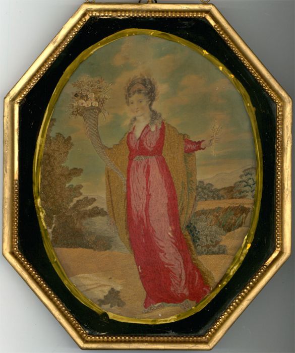 19th Century Embroidery - Gilt Framed Silkwork Picture, Woman with Flowers