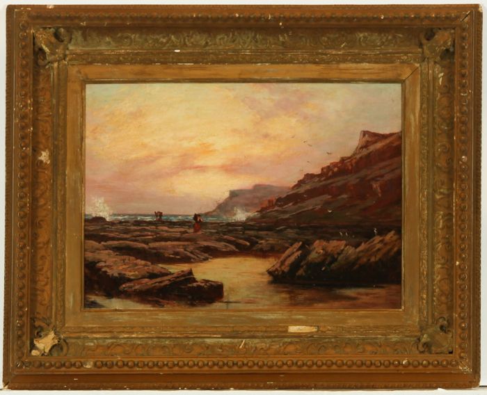 Gilt Framed 19th Century Oil - Fisherfolk in Rocky Coastal Scene