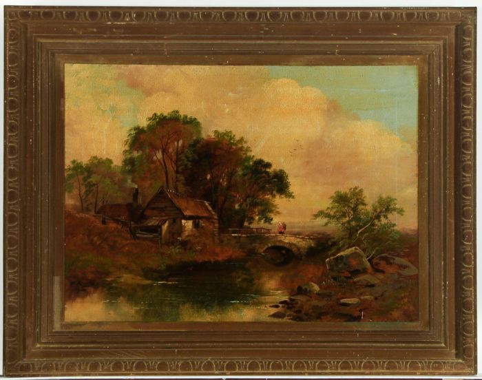Framed 19th Century Oil - River Cottage with Figure