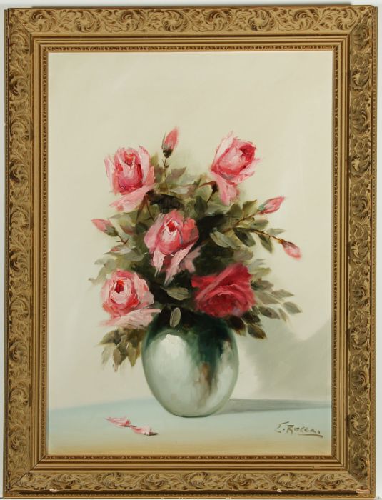 E. Rocca - Large Gilt Framed Contemporary Oil, Pink Roses