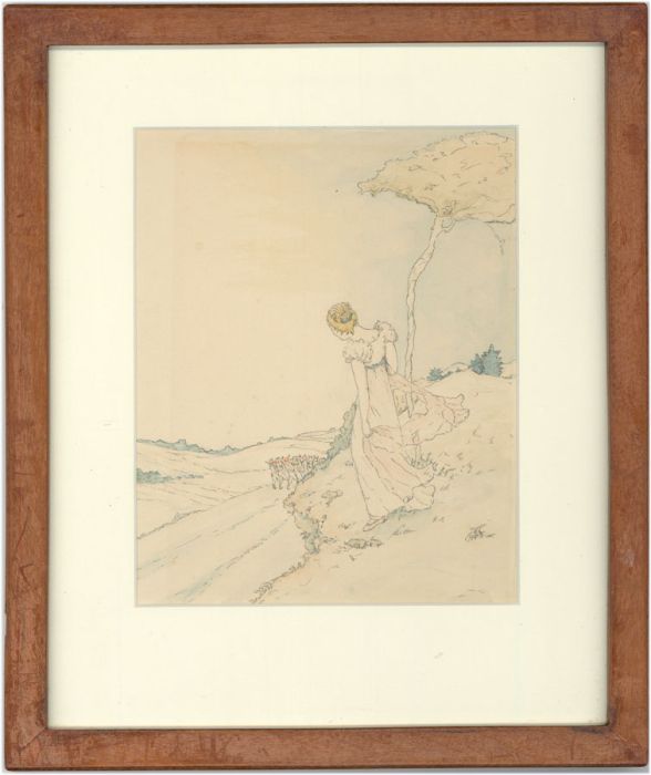 Fine Early 20th Century Pen and Ink Drawing - A Maiden Watching Soldiers 