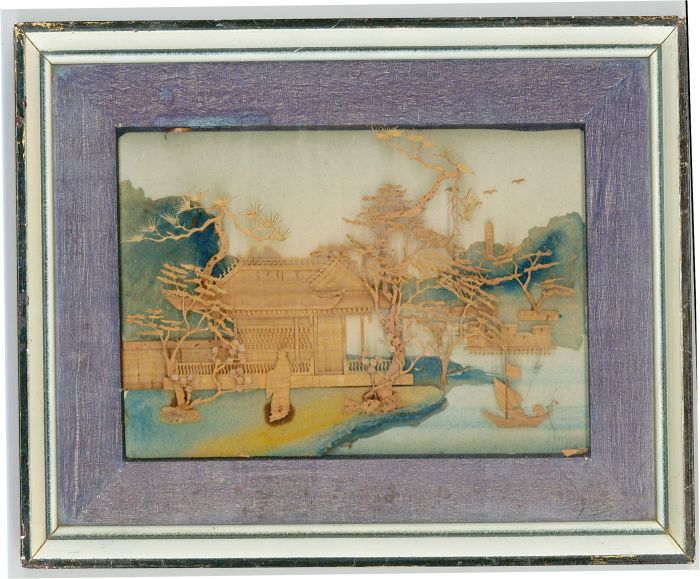 Two Miniature Chinese 20th Century - Vintage, Antique Cork Landscape Carvings
