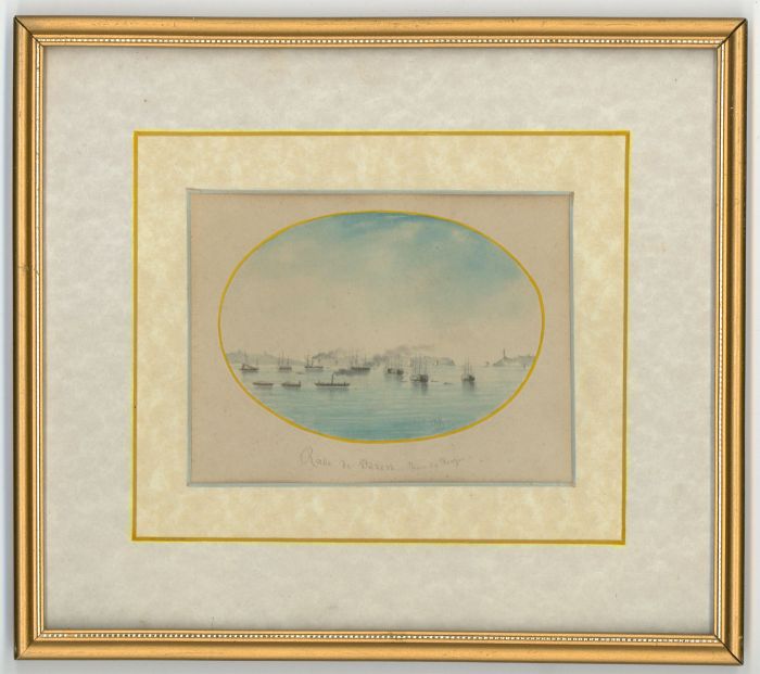 O.M. - Gilt Framed 19th Century Miniature Watercolour, Roadstead of Brest