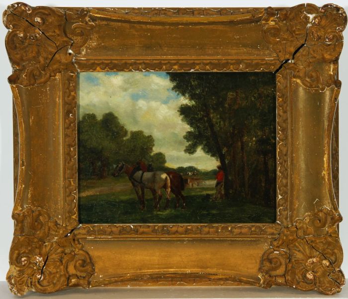 Gilt Framed English School 19th Century Oil - Horses and Rider in Landscape