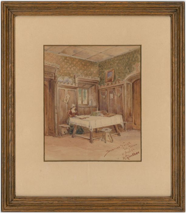 A. Günther - 1893 Watercolour, Interior Scene at Schloss Vorst, South Tryol