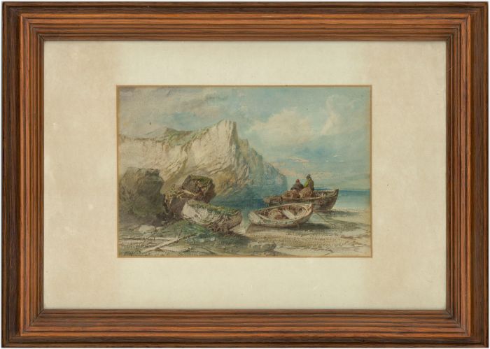 C. Wright - 19th Century Watercolour, Coastal Scene with Fishermen and Rowboats