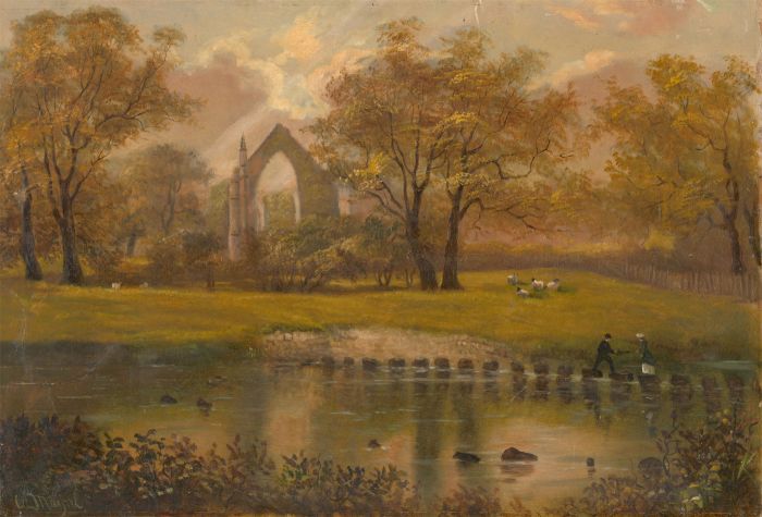 C.L. Mayne - Late 19th Century Oil, Landscape with Couple on Stepping Stones