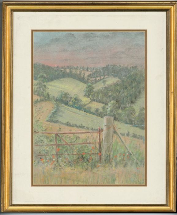 H.R - Framed Contemporary Pastel, Landscape with Poppies and Sheep