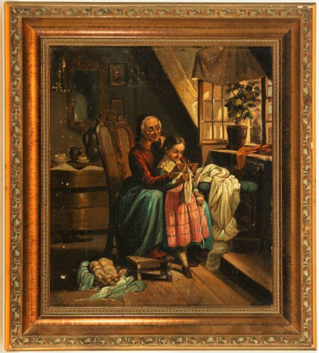 Continental School, Gilt Framed Mid 19th Century Oil - The Knitting Lesson