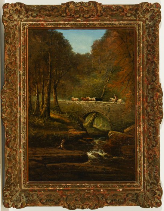 George Harris - English School 19th Century Oil, Fisherman in a River Landscape