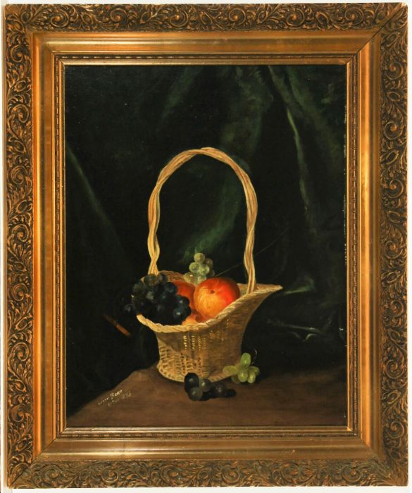 Lizzie Barr - Signed and Framed 1893 Oil, Still Life with Grapes and Peaches