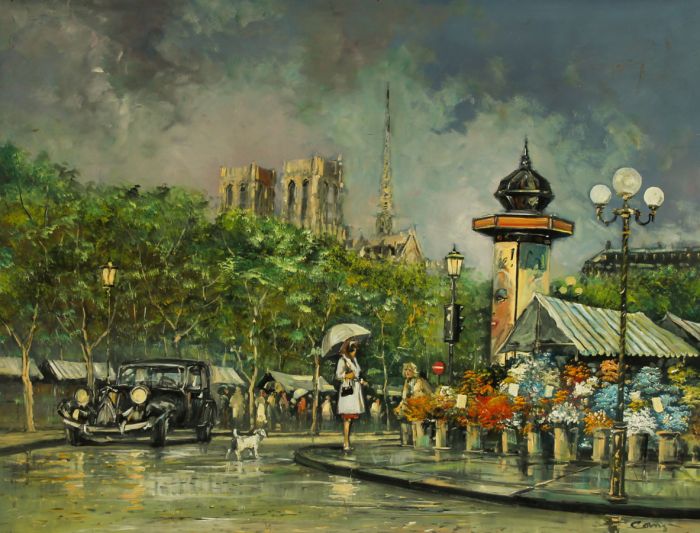 Large Impressionist Contemporary Oil - Paris Street Scene with Notre-Dame Beyond