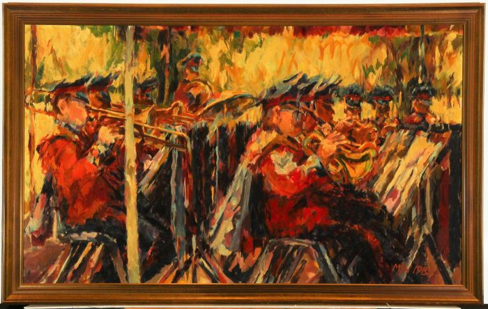 M.J.W - Framed 1985 Expressionist Oil, Military Bandsmen